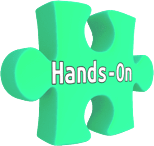 A green puzzle piece with the word " hands-on " written in it.