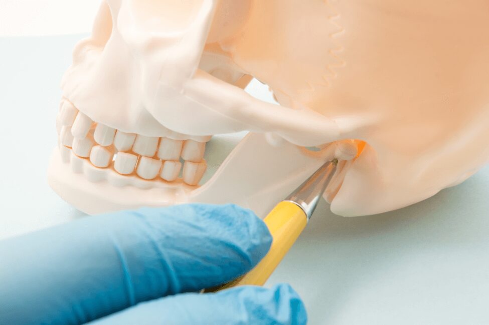 A person is cutting through the teeth of a human skull.